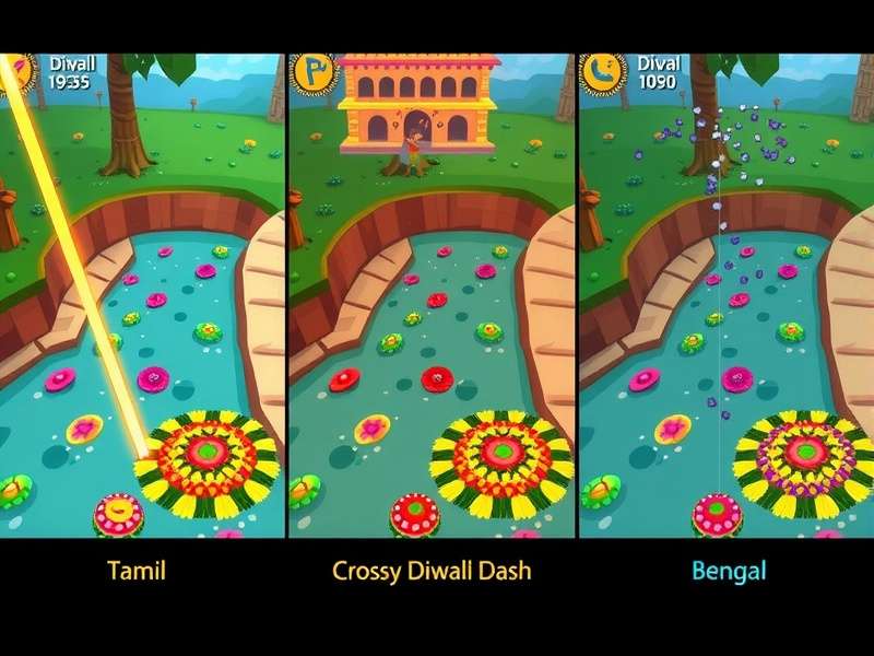 Crossy Diwali Dash gameplay screenshot showing a character crossing a river of flowers during Diwali